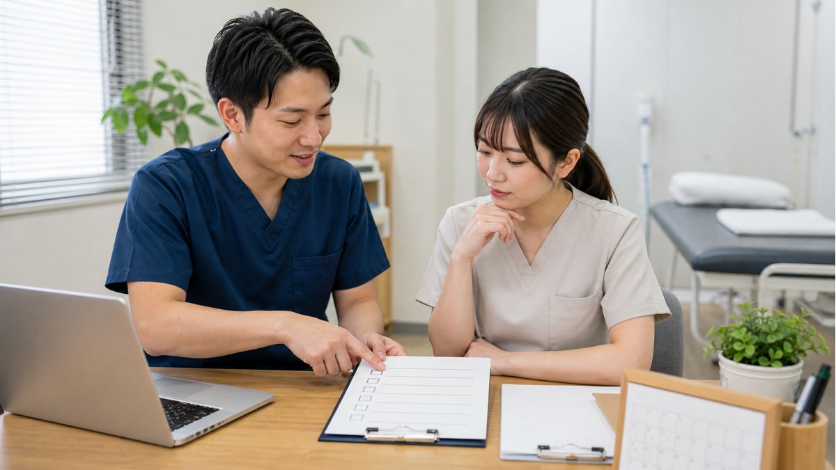 整体師が職場選びのチェックポイントを確認する様子