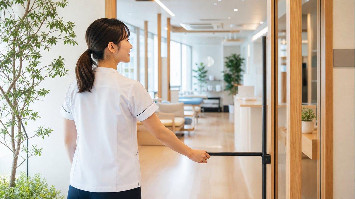 整体師が新しい環境へ踏み出す明るいクリニック入口