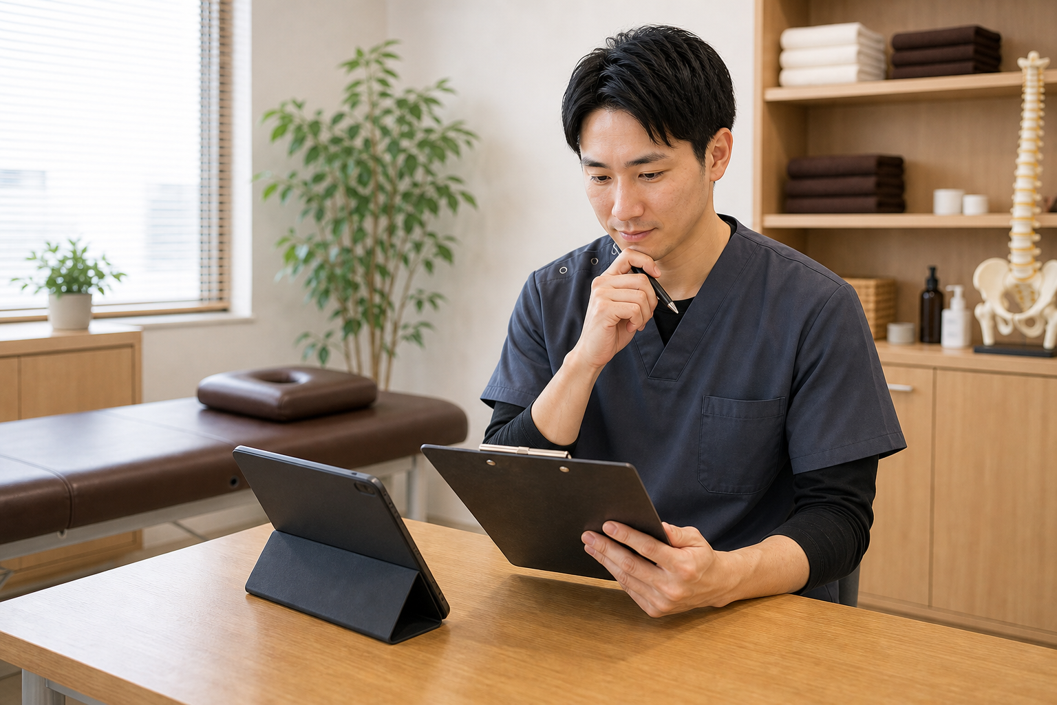 整体師が働き方と職場による年収の違いを確認する様子