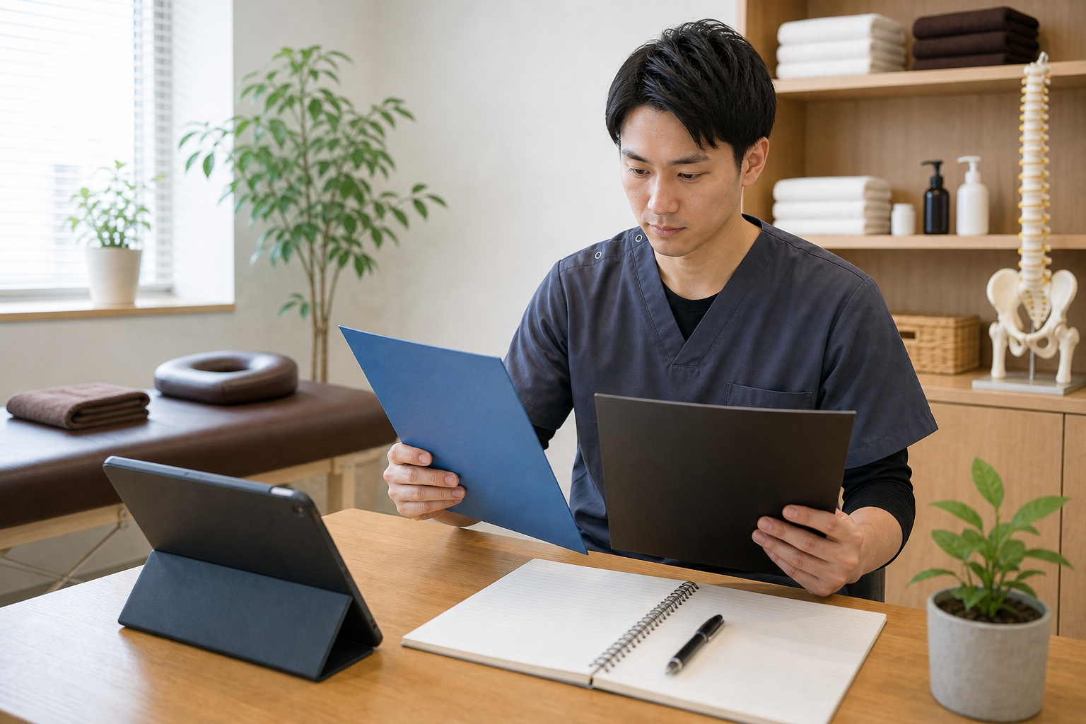 整体師が働き方別の年収比較を確認する様子