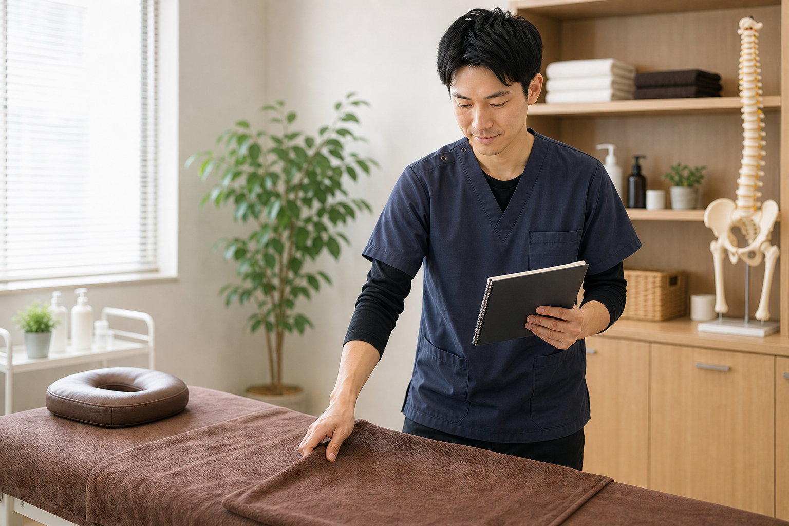 整体師が年収を上げる方法を考える様子