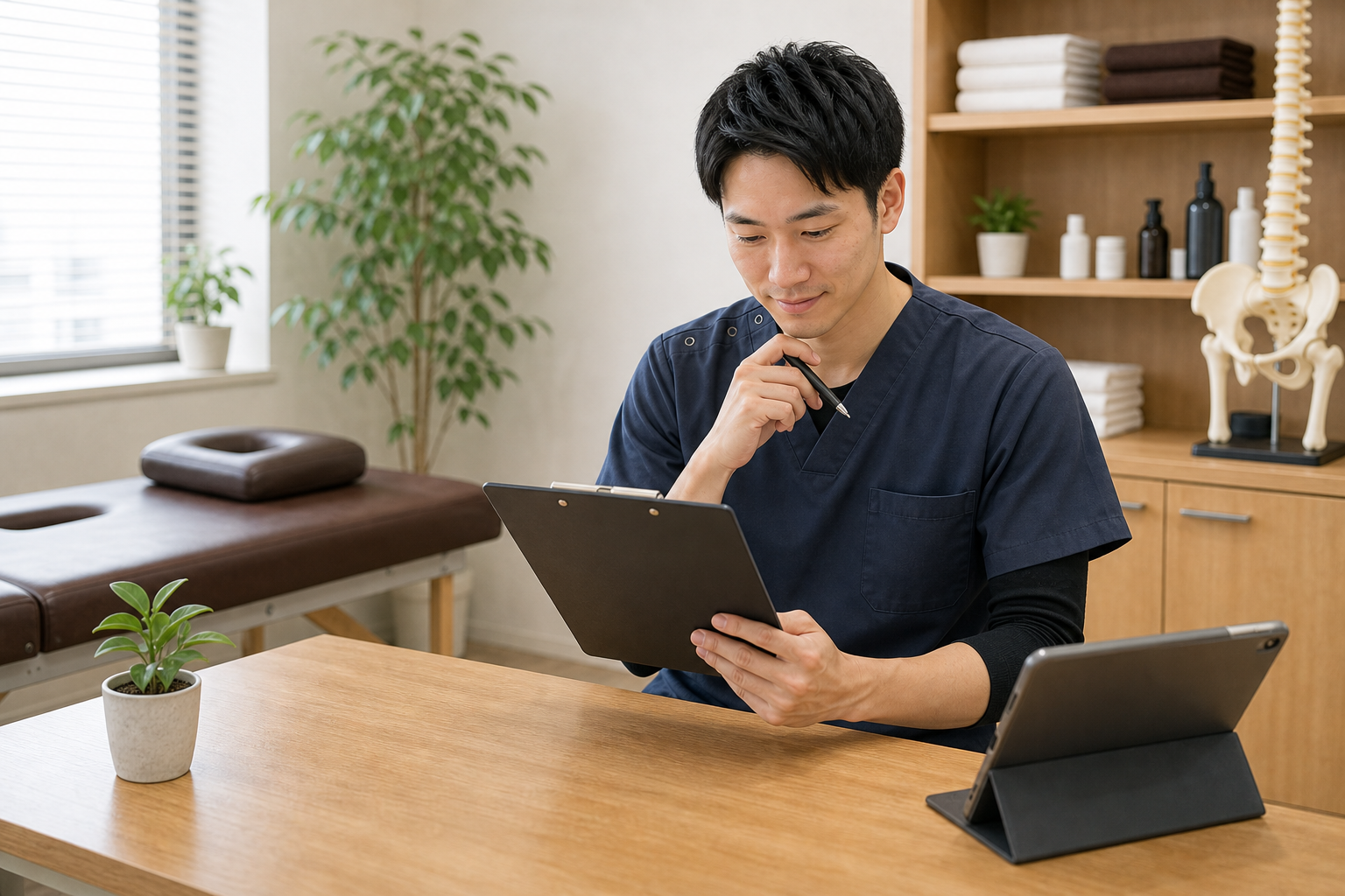 整体師が年収アップにつながる職場選びの条件を確認する様子