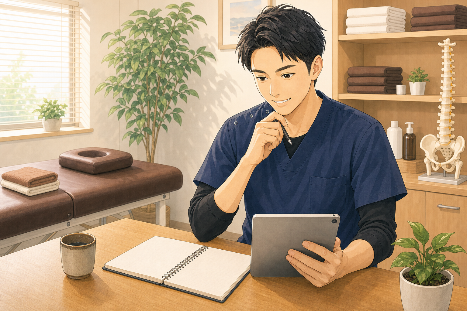 CUREPROの月平均給与を確認する施術者のイラスト