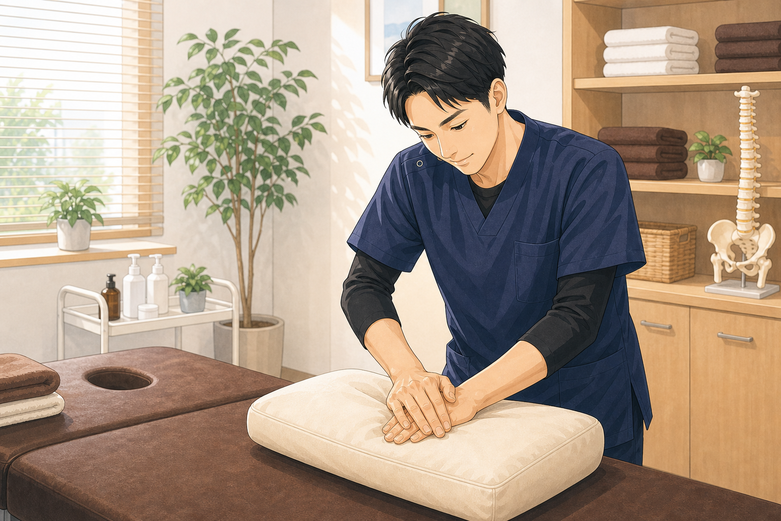 完全自費の環境で施術技術を磨く施術者のイラスト