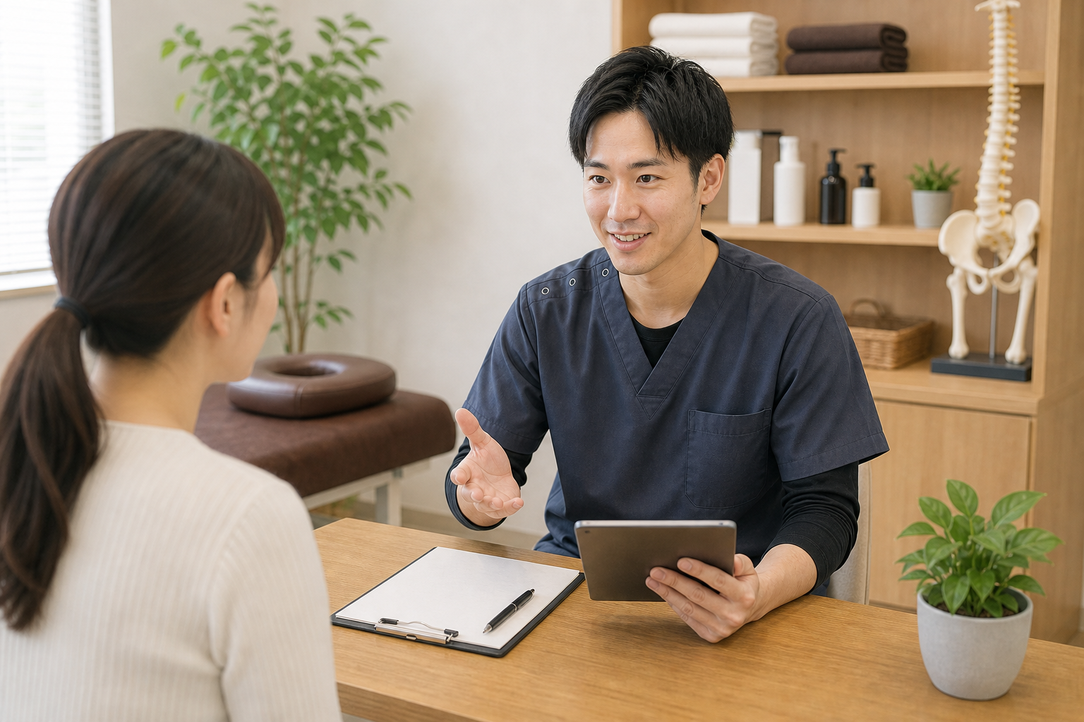 整体師が年収に関する質問を確認する様子