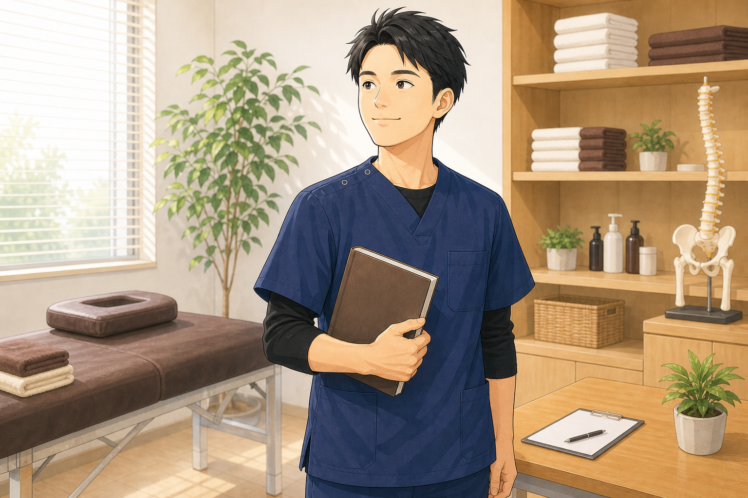 年収を上げる一歩を考える施術者のイラスト