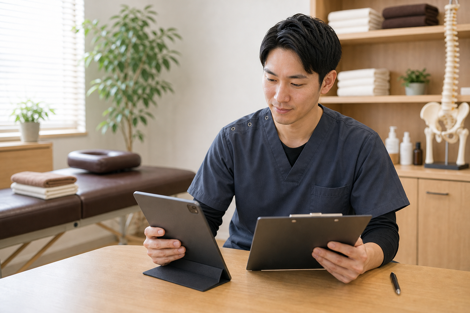 整体師が年収と働き方を考えながらキャリア資料を確認する様子