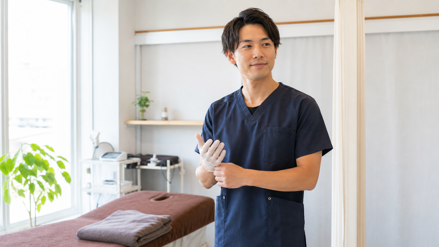 清潔感のある服装で施術準備をする整体師