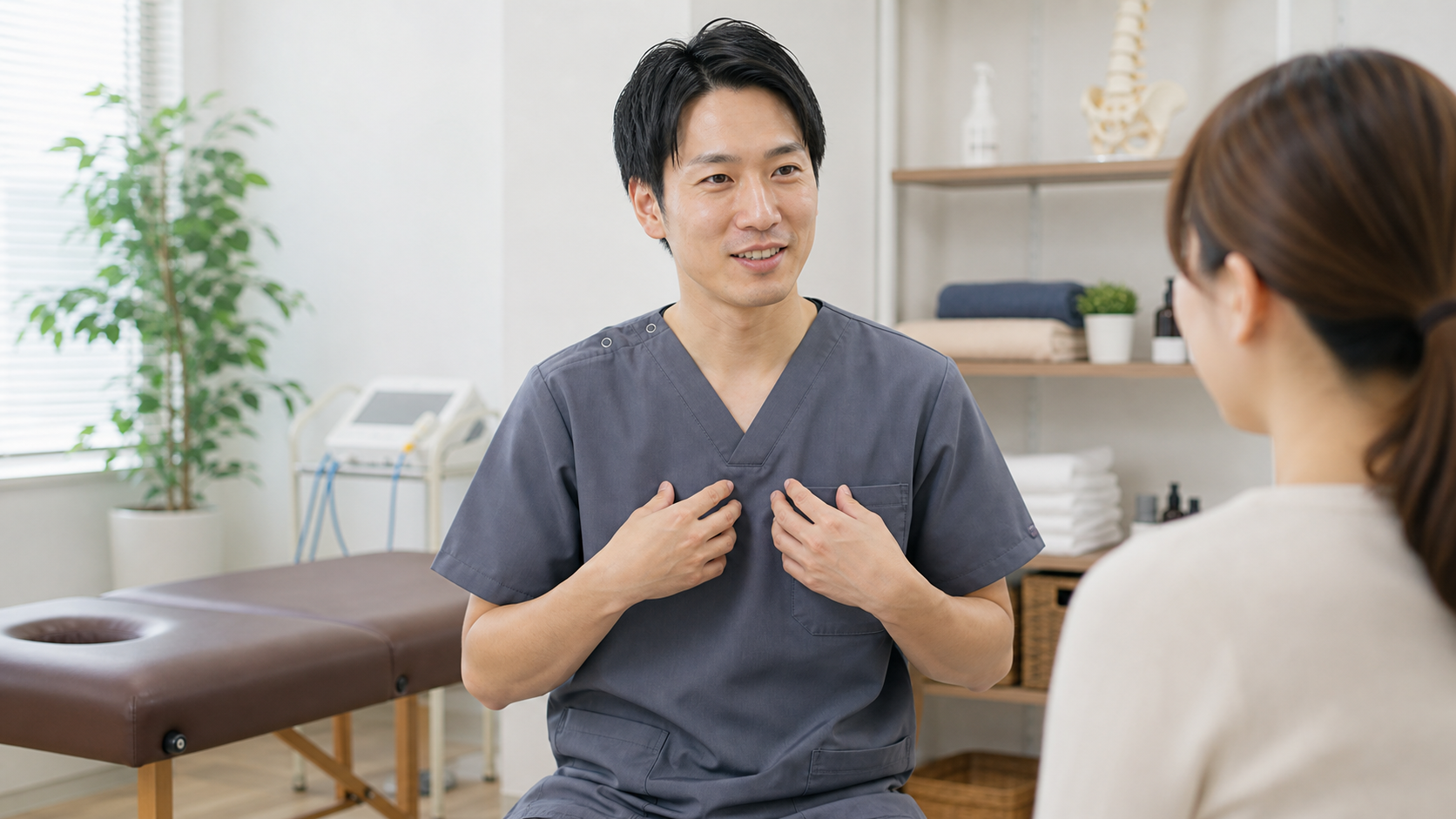 整体師が清潔感のある服装でカウンセリングする様子