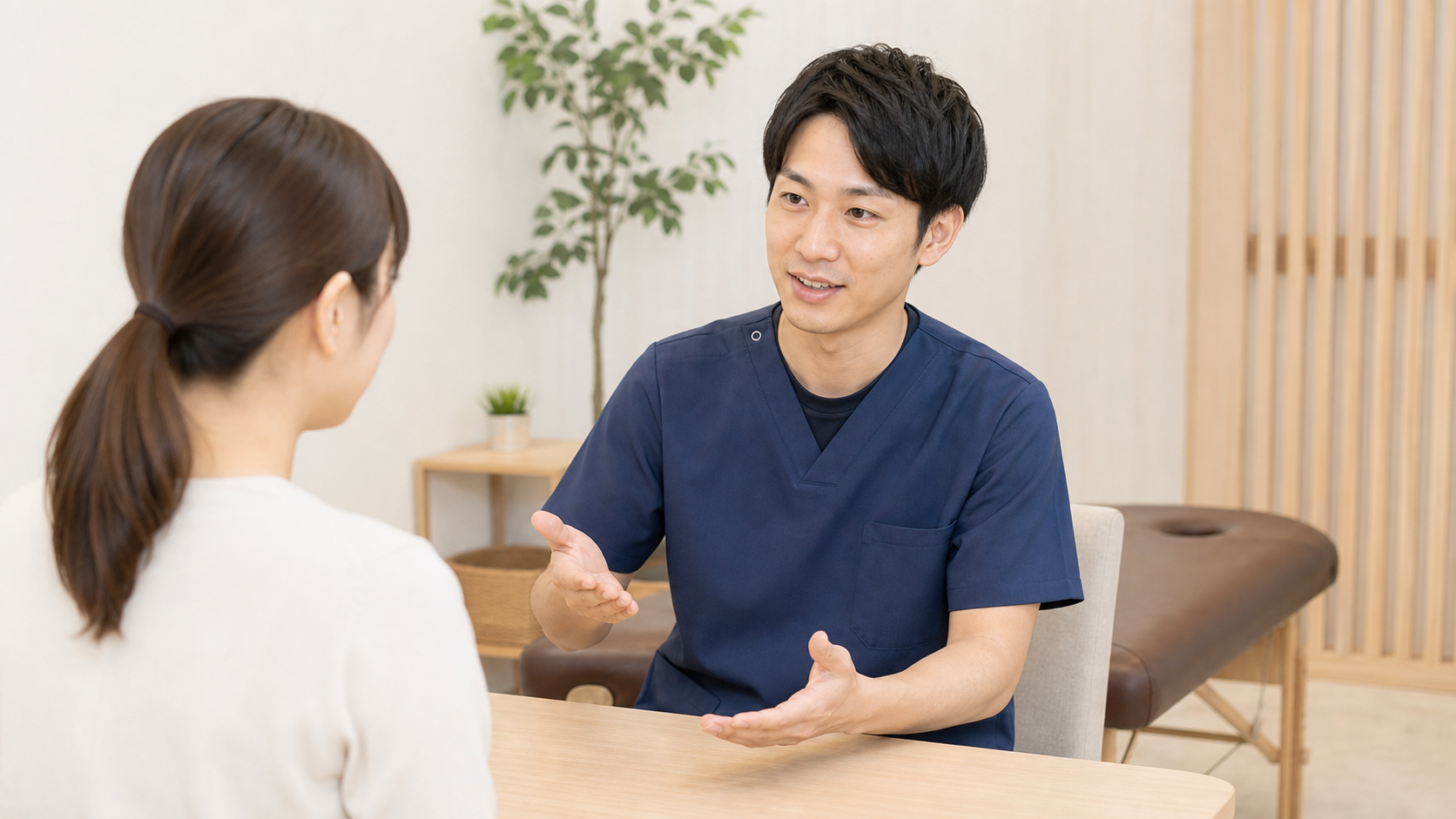 整体師が服装に関する質問へ丁寧に答える様子