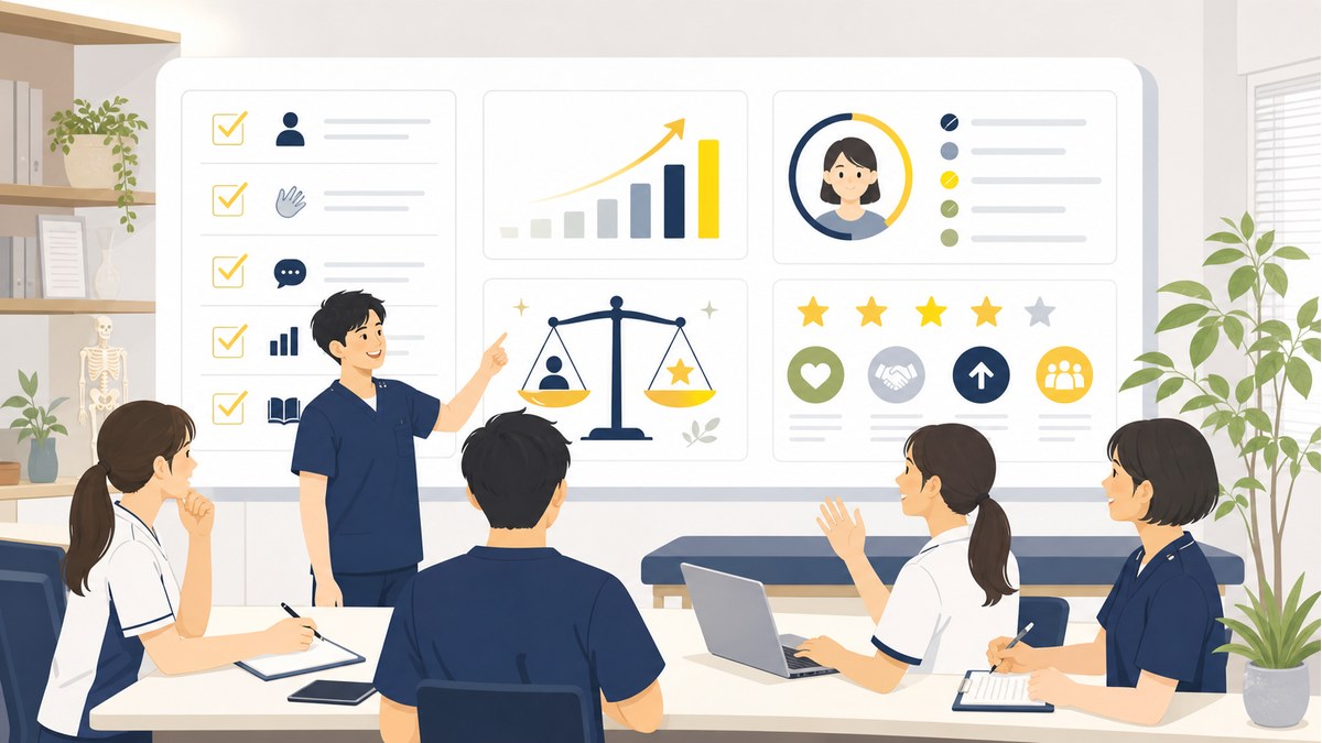 評価基準を共有して公平に評価する制度のイラスト