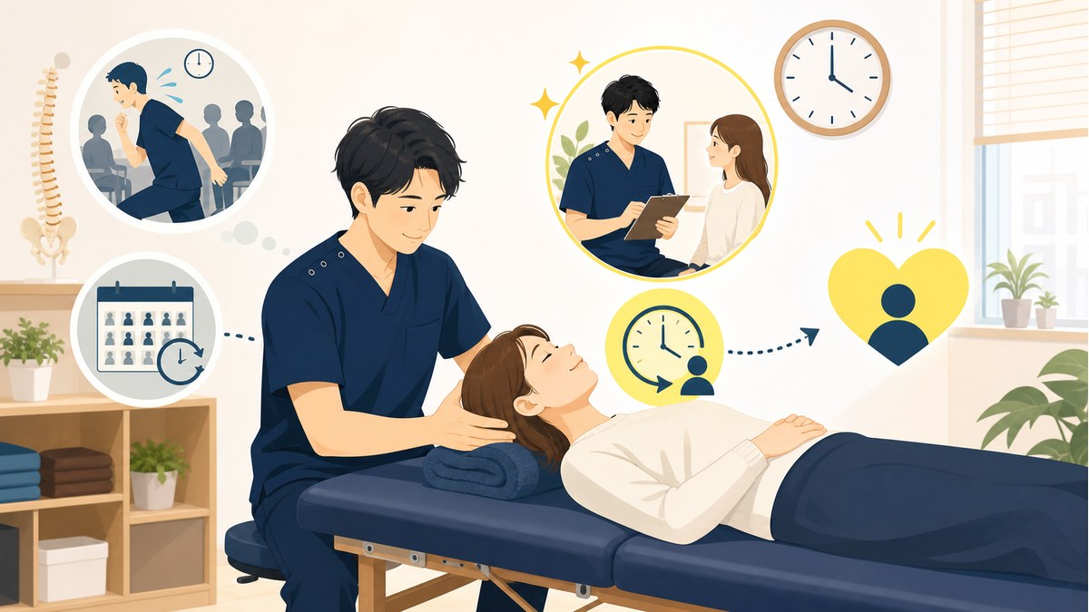 完全自費で一人の患者に丁寧に向き合う整体師のイラスト