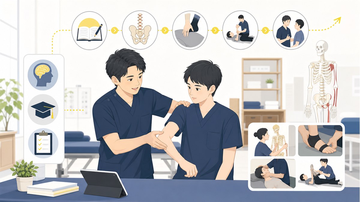 整体師が体系的に技術を学ぶ研修制度のイラスト