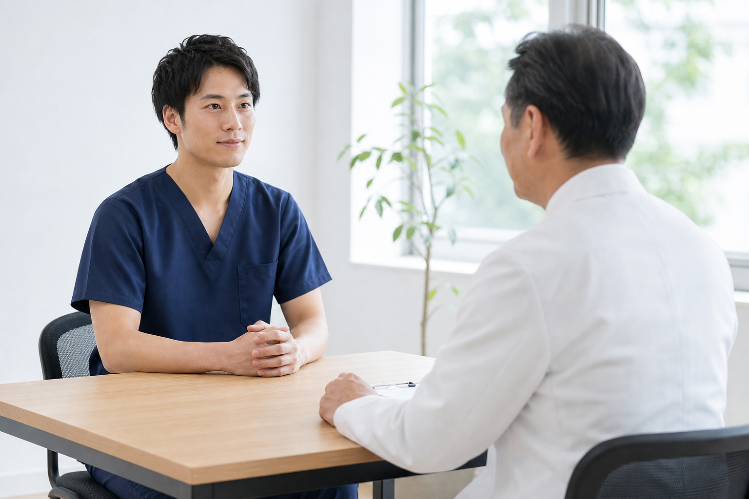 柔道整復師が機能訓練指導員の面接を受ける様子