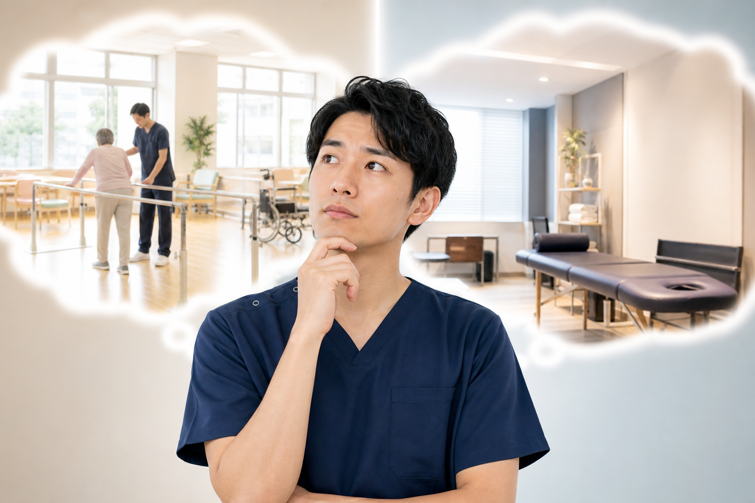 柔道整復師が介護施設と自費整体の進路を比較する様子