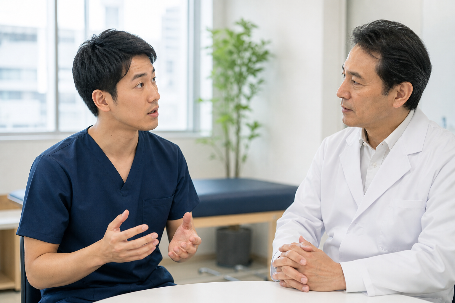 柔道整復師が機能訓練指導員について相談する様子