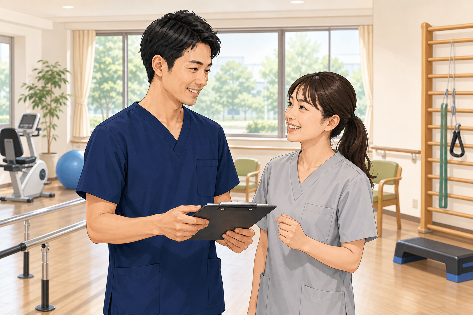 機能訓練指導員が介護職員と連携するイラスト