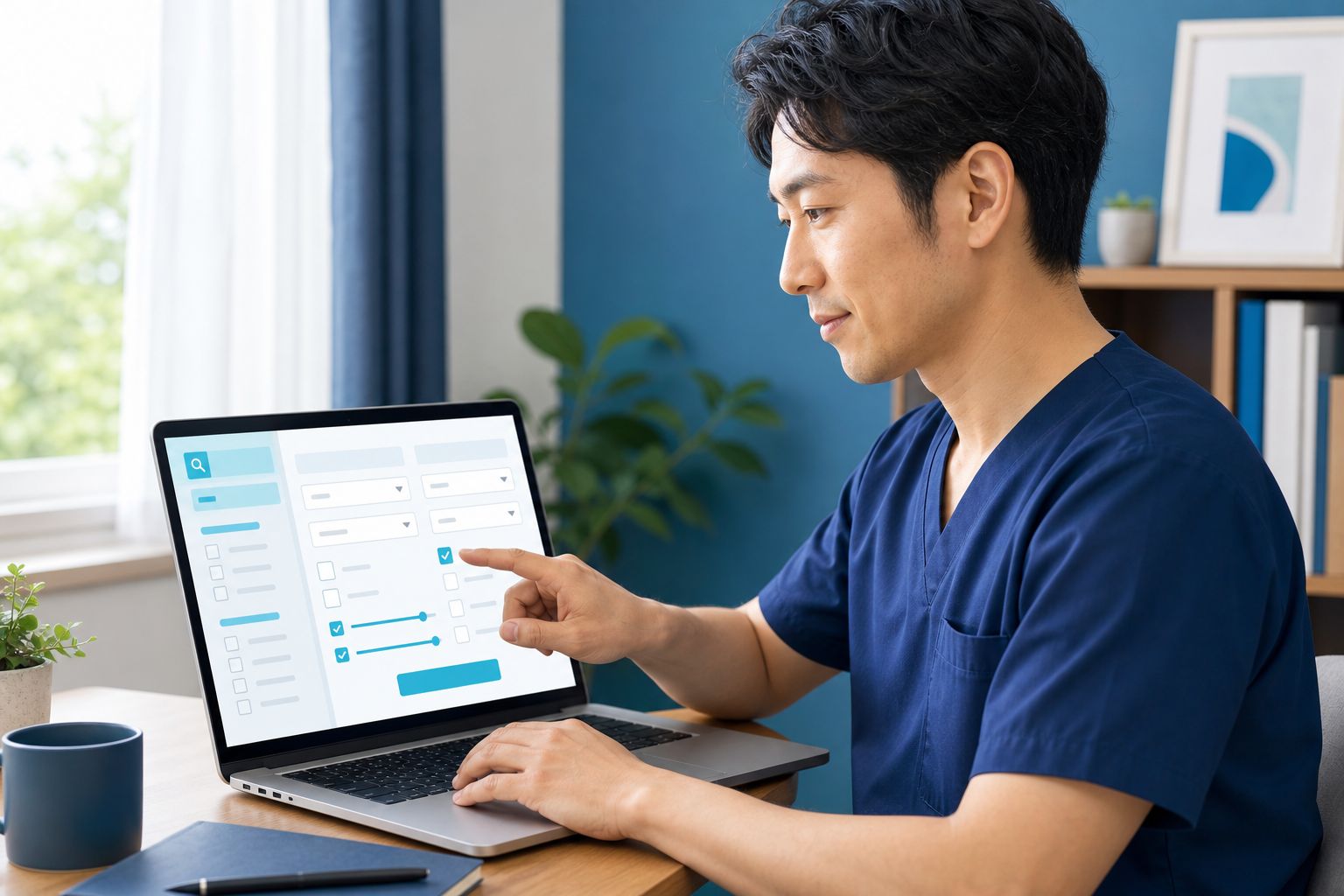 インターネットで施術者のキャリア情報を調べるスタッフ