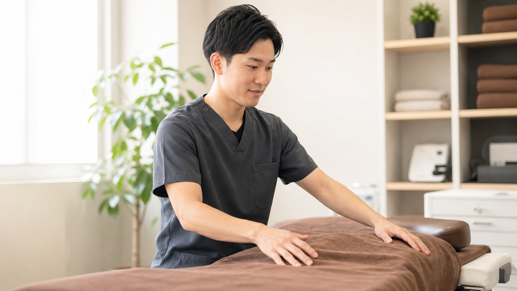 未経験から整体師を目指す施術者が施術室を準備する様子