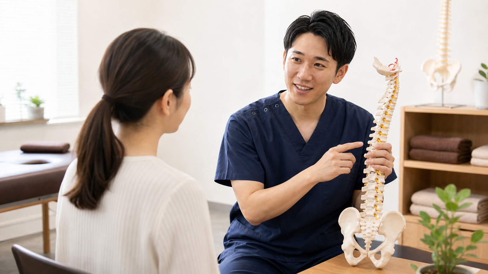 整体師が骨格模型を使って役割を説明する様子