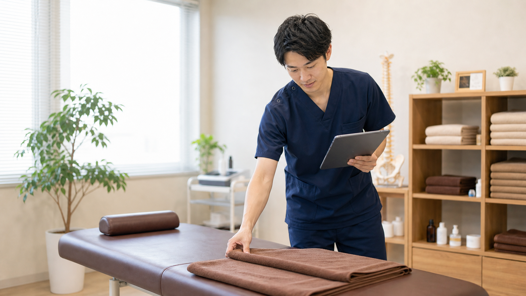 整体師が一日の流れに合わせて施術ベッドを準備する様子