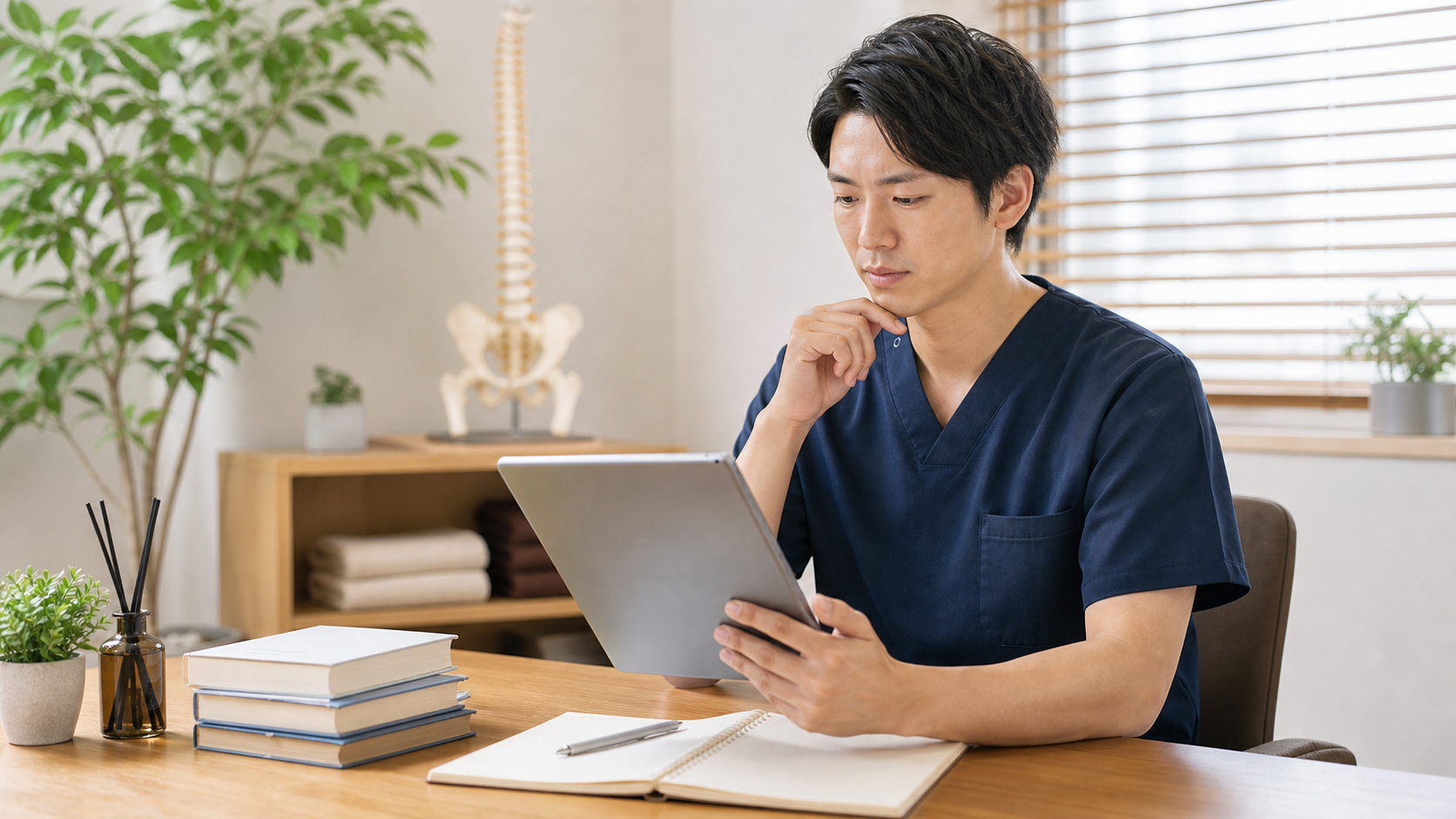 整体師が仕事内容や資格について学ぶ資料を確認する様子