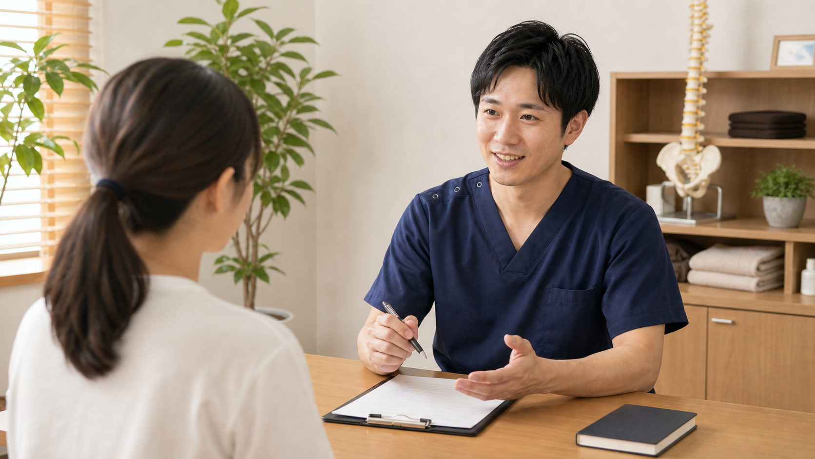整体師が仕事内容に関する質問に答える相談場面