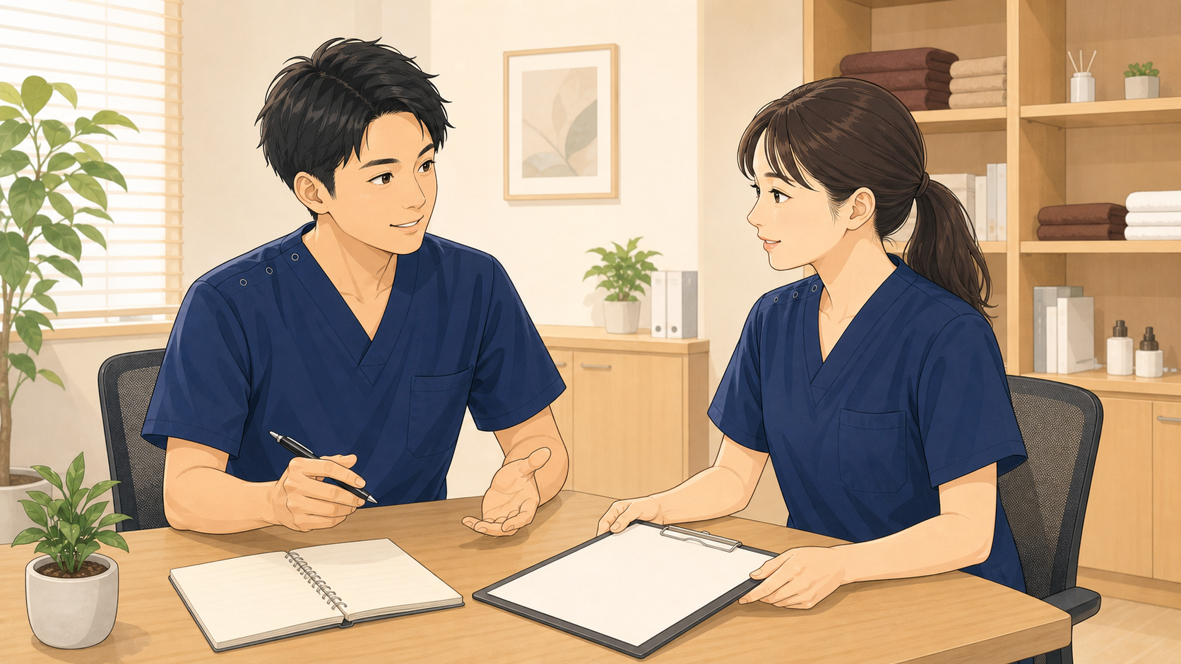 CUREPROで評価制度を確認する施術者のイラスト