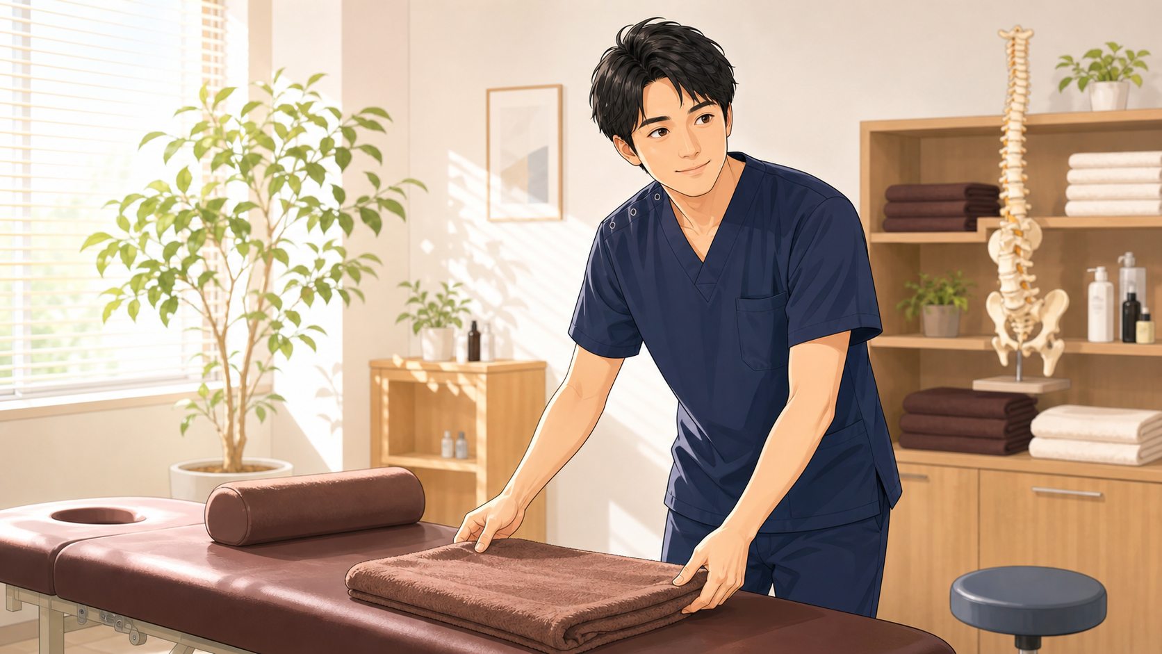 整体師が仕事の魅力を活かせる職場で施術準備をするイラスト