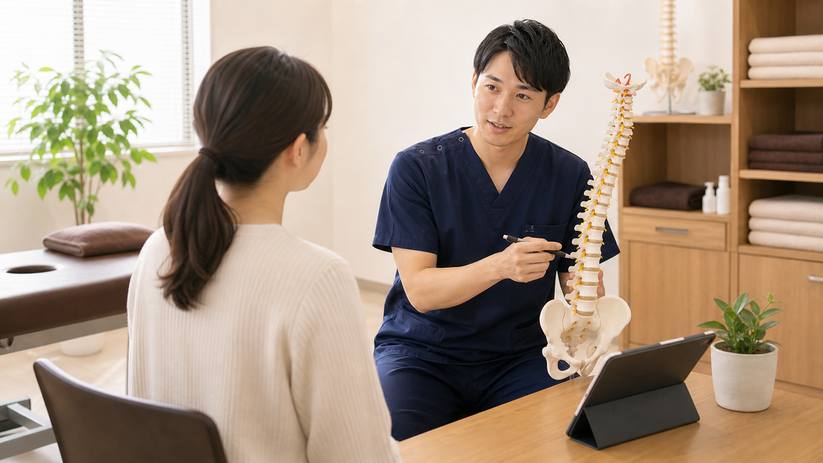 整体師が手技で身体をととのえる仕事を説明する様子