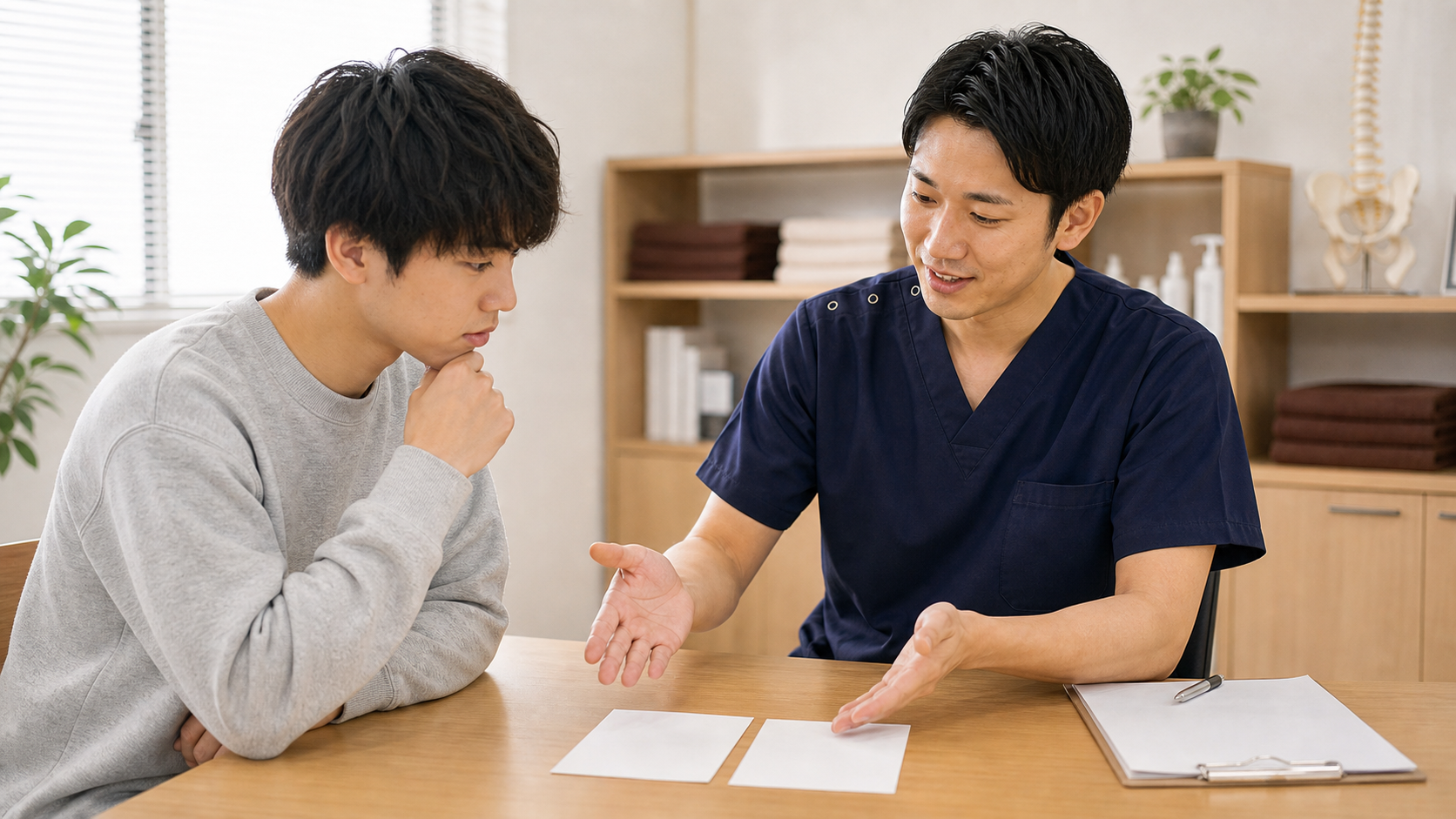 整体師と柔道整復師のどちらを選ぶか相談する様子