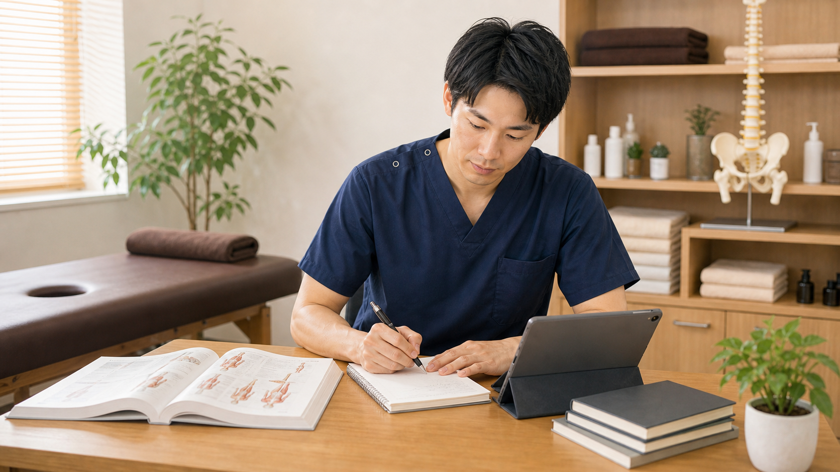 働きながら国家資格を目指す道を考える施術者の様子