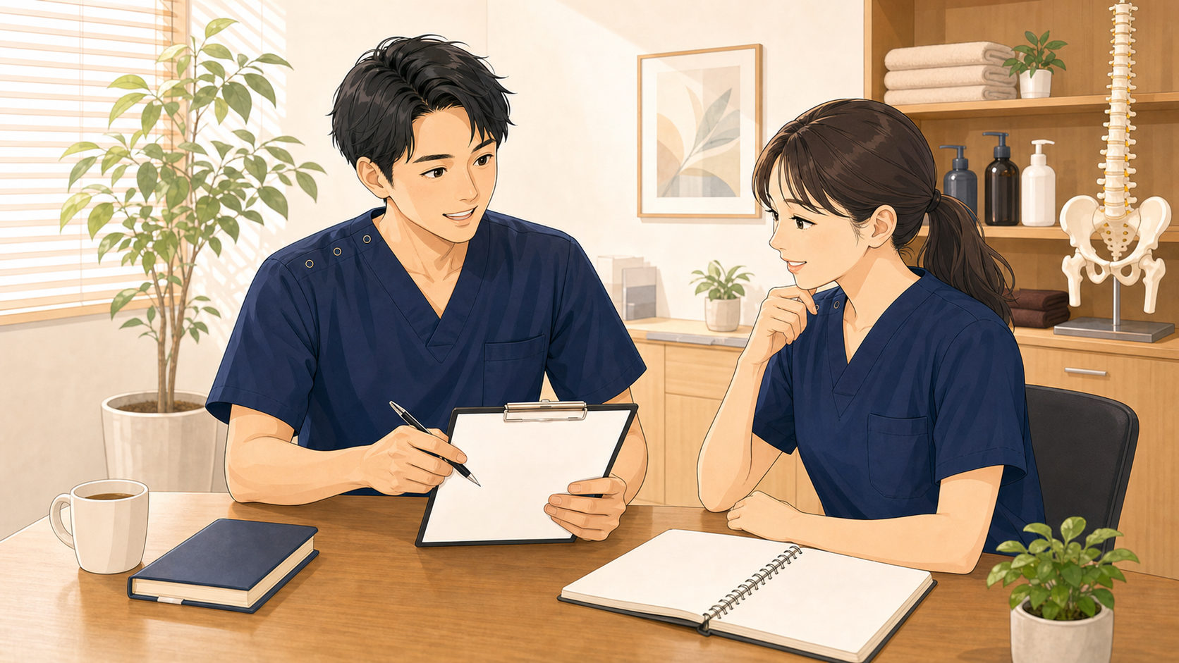 CUREPROで評価制度と働き方を確認する施術者のイラスト