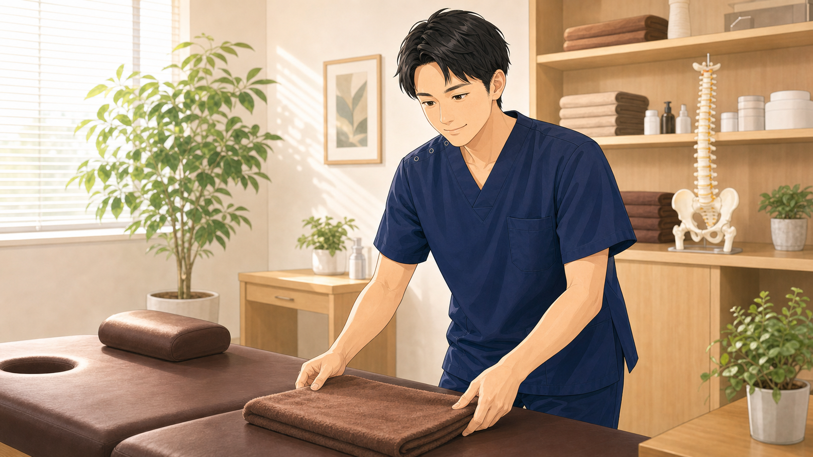 技術がまっすぐ活きる職場で施術準備をするイラスト