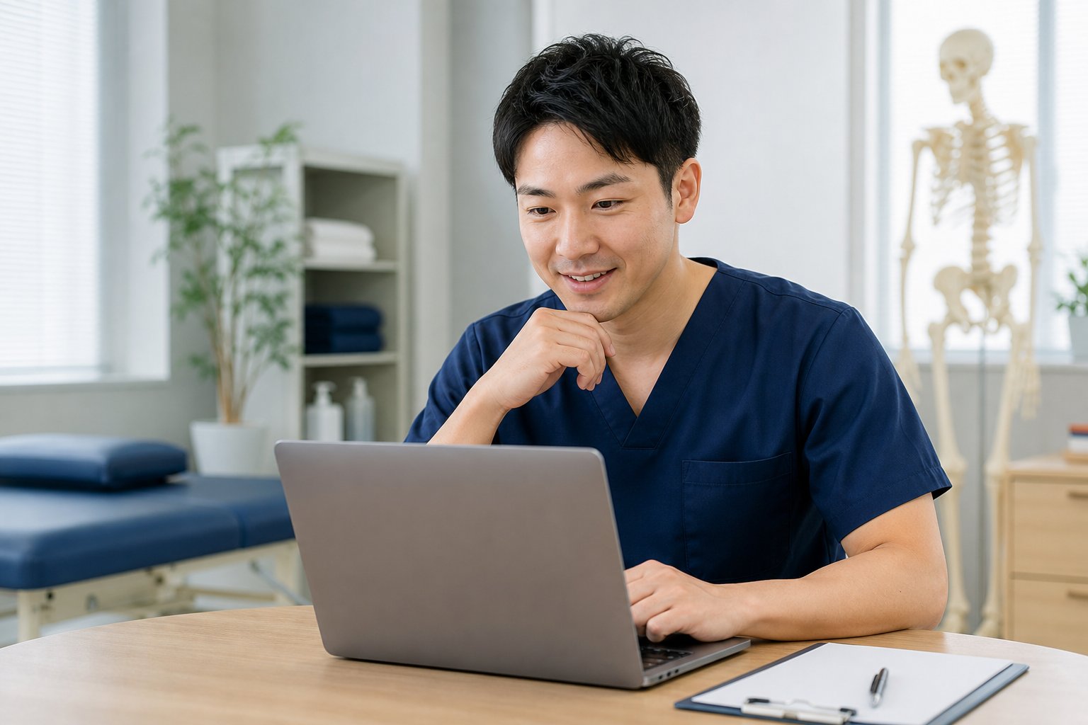 スクラブ姿の柔道整復師が広がる求人市場を確認する様子