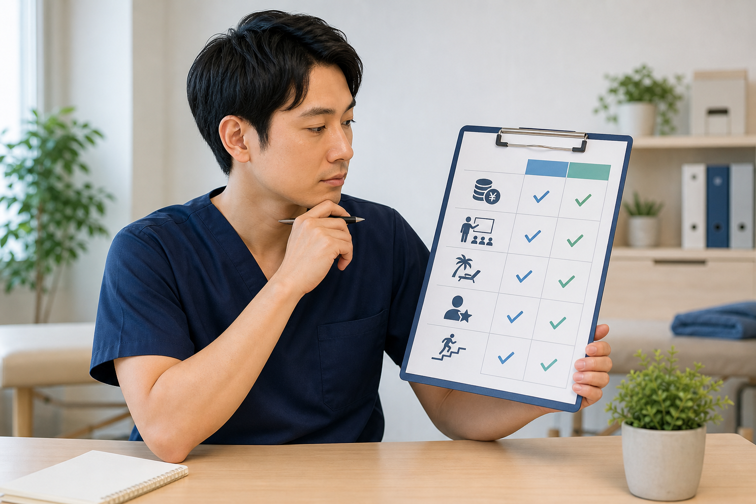 柔道整復師が職場選びの条件を確認する様子