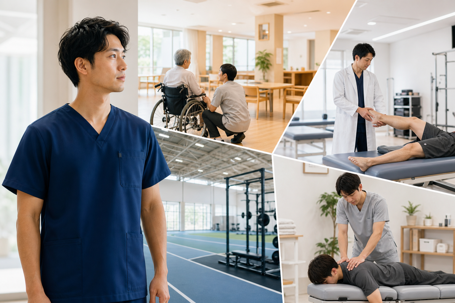 スクラブ姿の柔道整復師が求人を探す様子