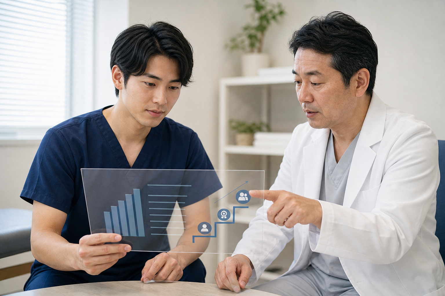 柔道整復師が国家資格と給与評価を確認するイラスト