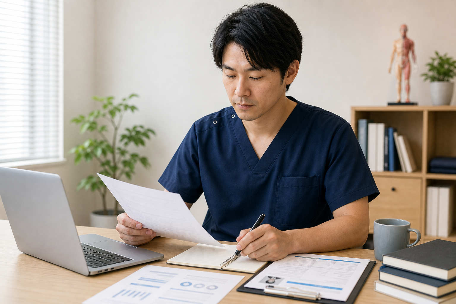 スクラブ姿の柔道整復師が研修とキャリア支援を受けるイラスト
