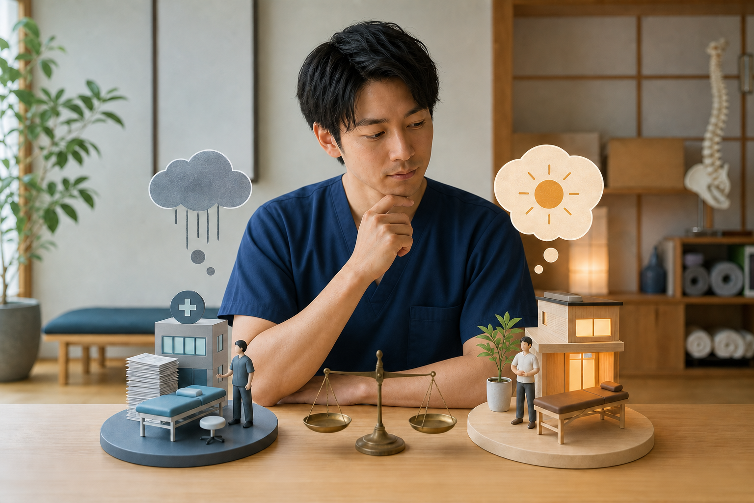 柔道整復師が保険依存と職場環境を比較する様子