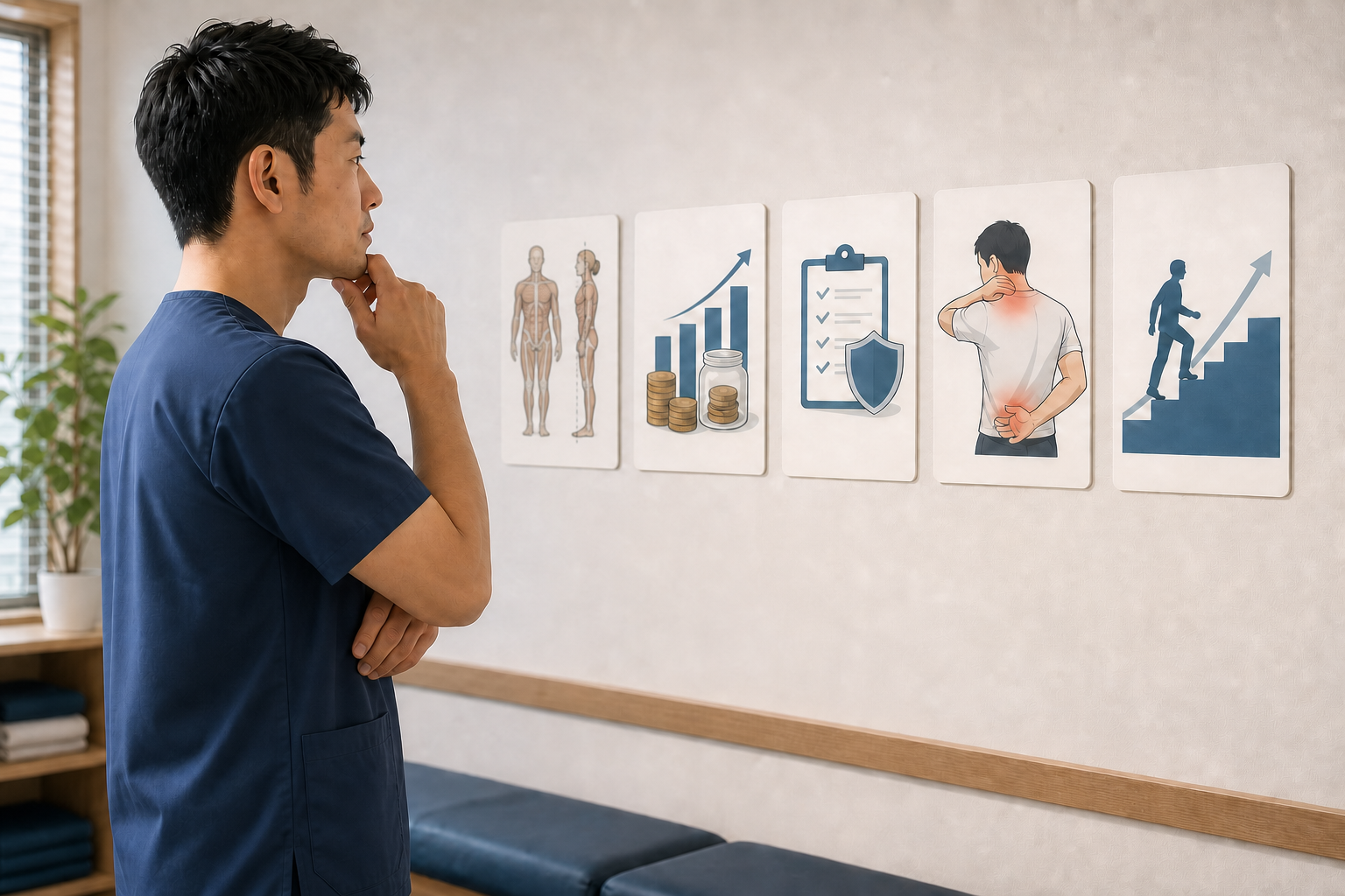 柔道整復師が仕事の5つの悩みを整理する様子