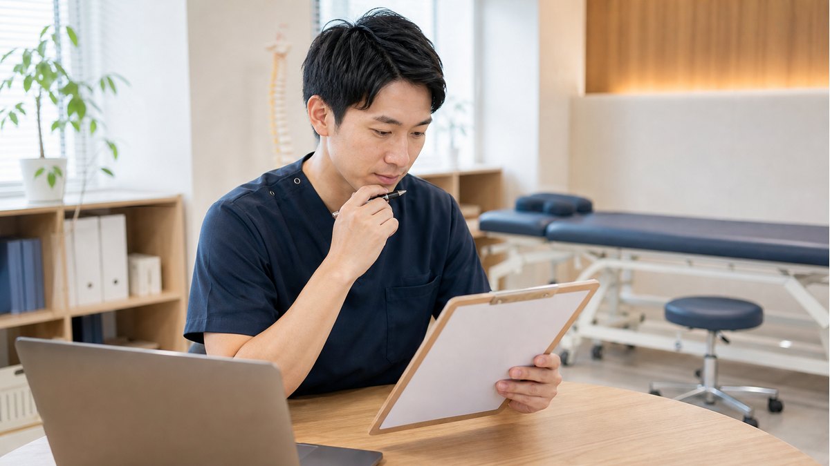 柔道整復師が求人票の条件を確認して職場を見極める様子