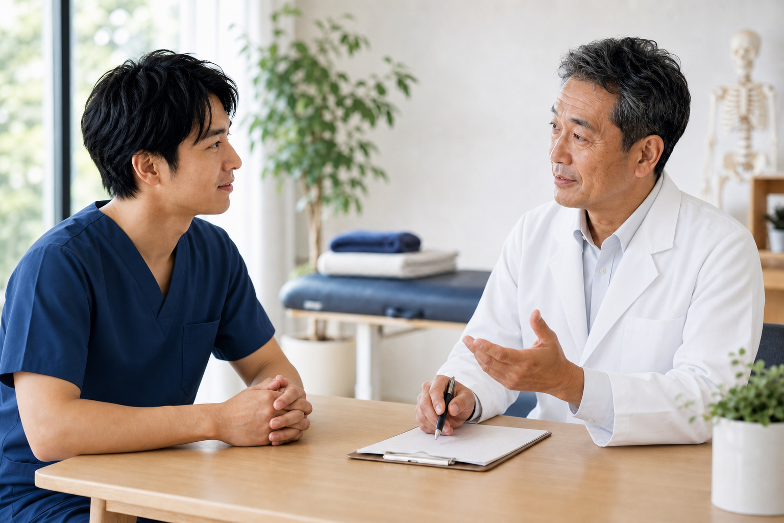 柔道整復師が先輩へキャリア相談をする様子
