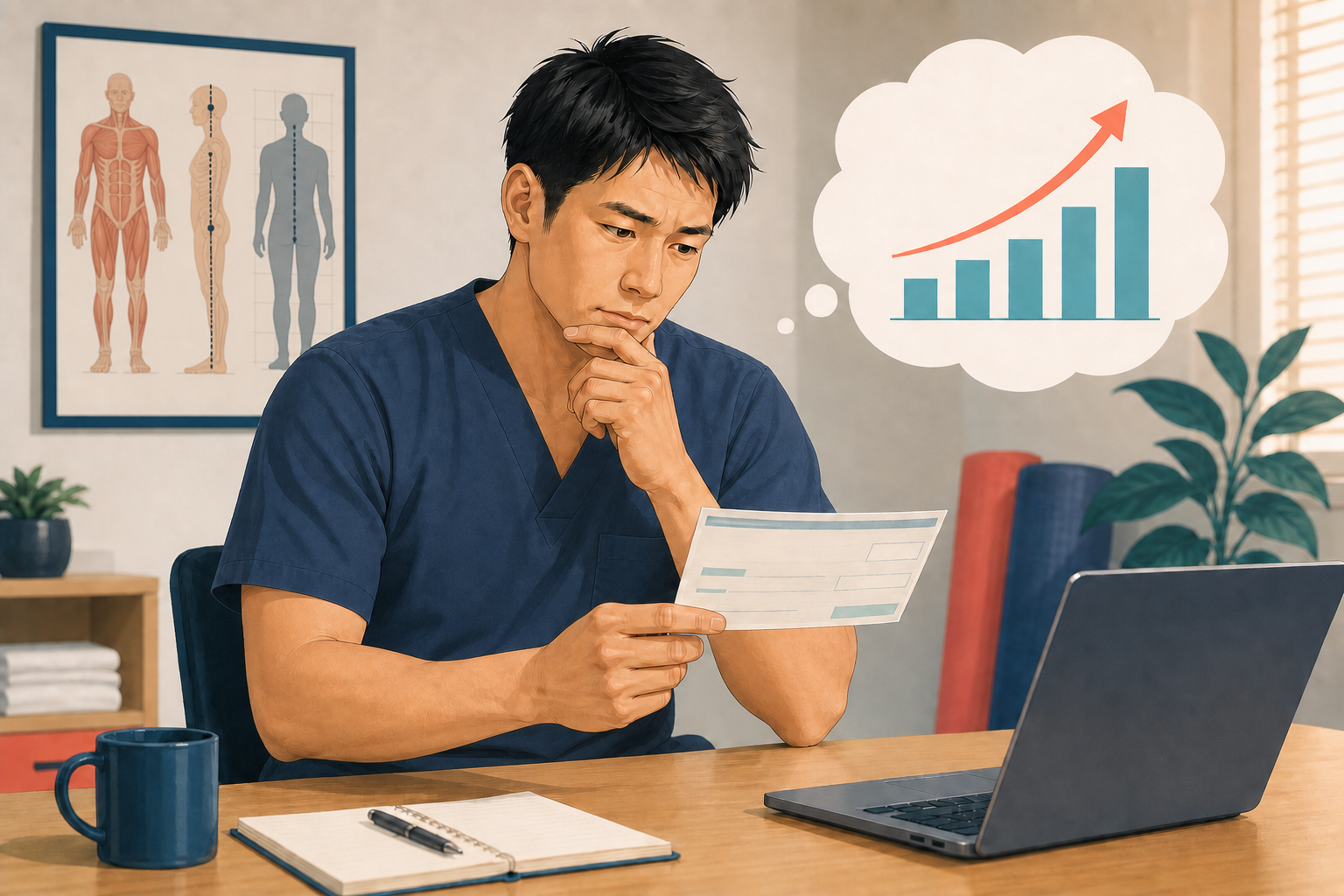 柔道整復師が収入の伸び方を考えるイラスト