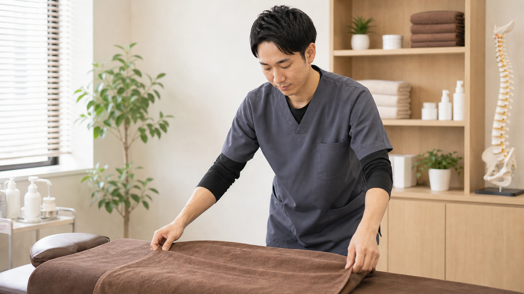 男性整体師が安心できる施術室を準備する様子
