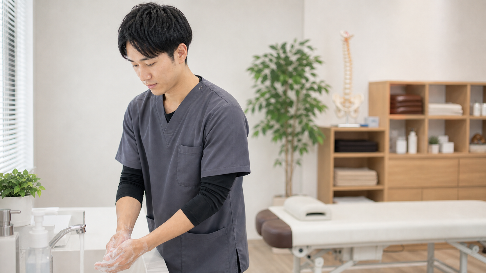 男性整体師が施術前に清潔な準備を整える様子