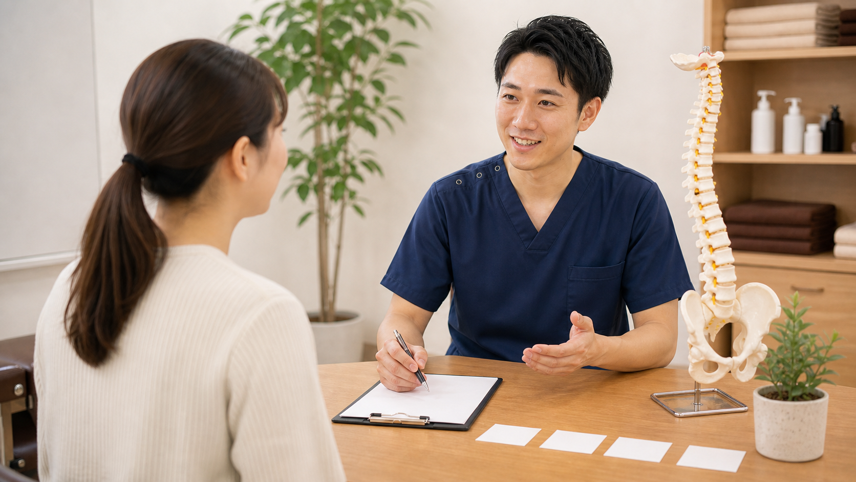 整体師とマッサージの違いに関する質問に答える相談場面