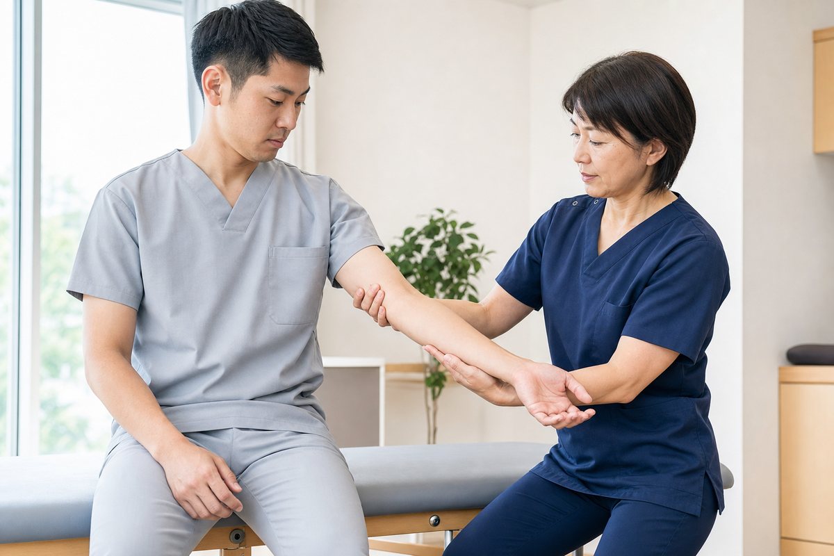 職場研修で整体技術を学ぶスタッフ
