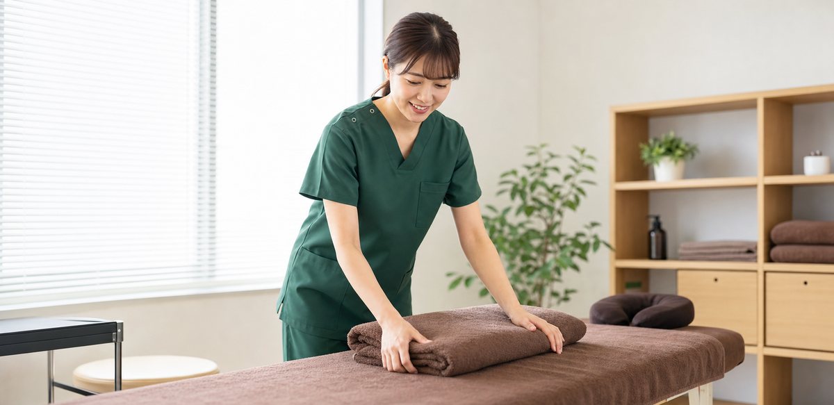 研修を終えて施術準備をする整体師