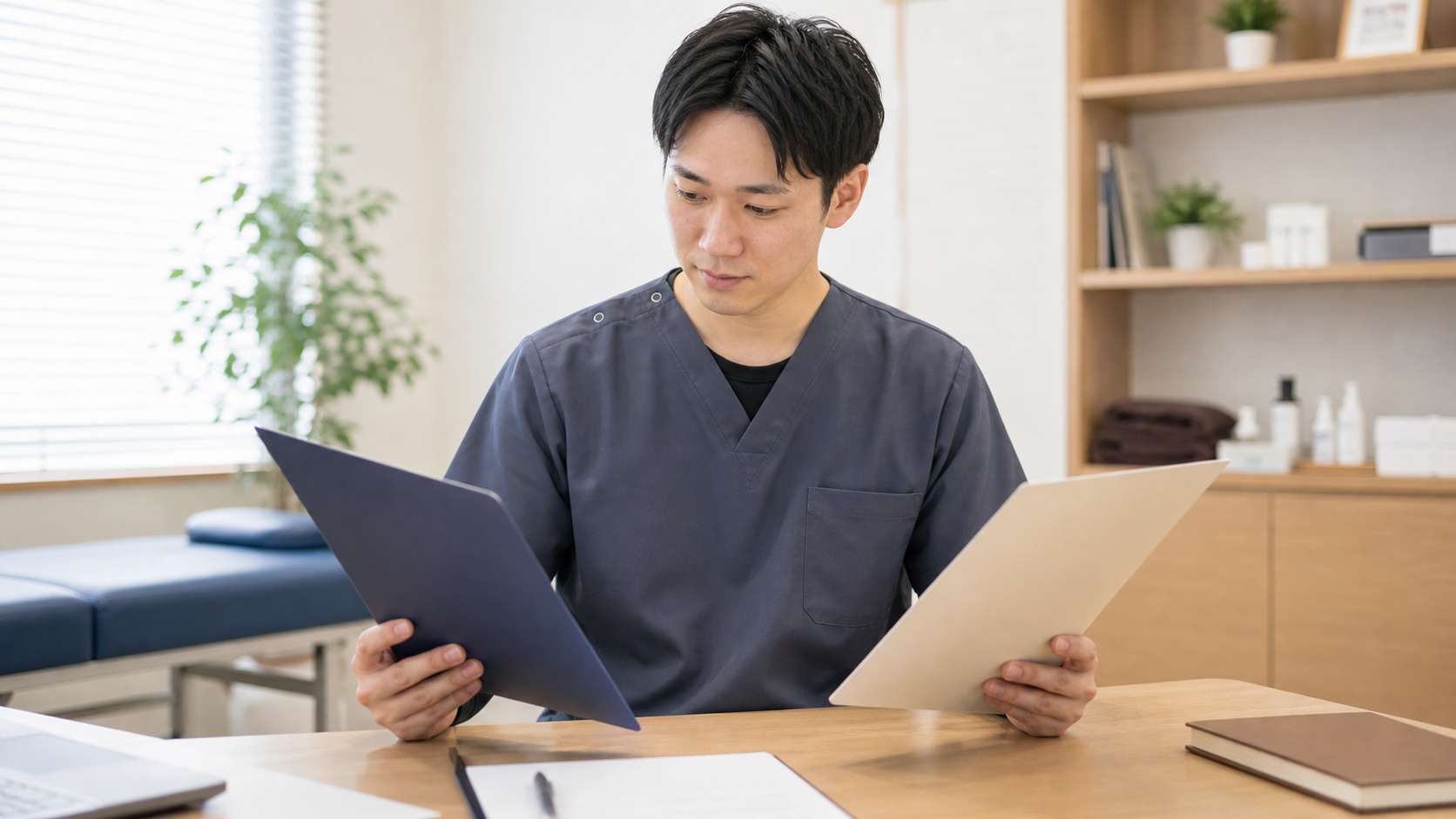 整体院と整骨院の開業の違いを確認する施術者の様子